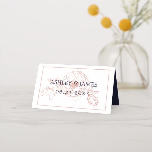Chic Rose Gold Floral Outline Navy Blue Wedding Place Card (Front)