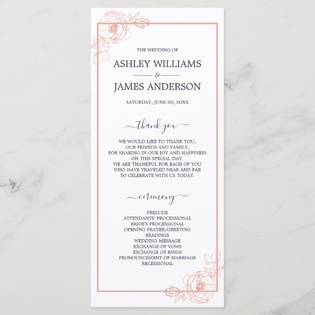 Chic Rose Gold Floral Outline Navy Blue Wedding Programme (Front)