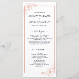 Chic Rose Gold Floral Outline Navy Blue Wedding Programme