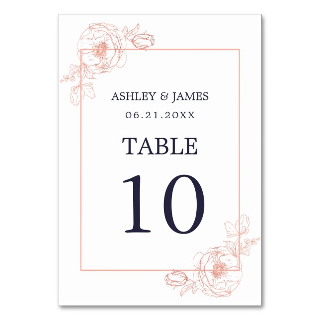 Chic Rose Gold Floral Outline Navy Blue Wedding Table Number (Front)