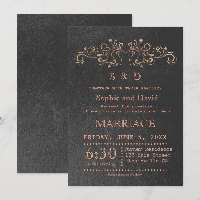 Chic Rose Gold Flourish Swirl Black Wedding Invite (Front/Back)
