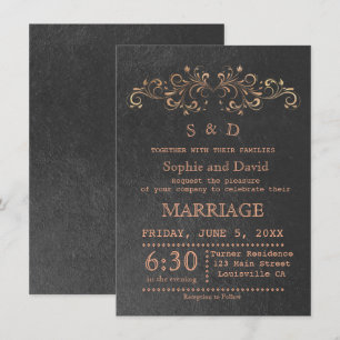 Chic Rose Gold Flourish Swirl Black Wedding Invite