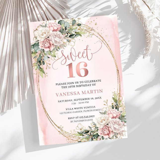 Chic Rose Gold Flowers and Greenery Sweet Sixteen Invitation (Rose Gold Flowers and Greenery Sweet Sixteen Invite)