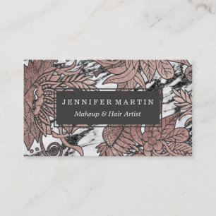Chic Rose Gold Flowers Leaves and Modern Marble Business Card