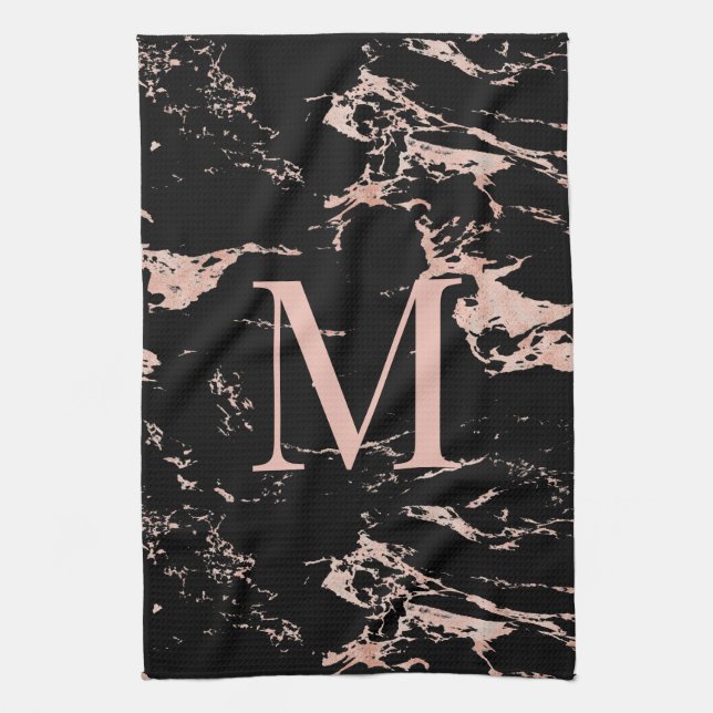 Chic Rose Gold Foil Black Marble Monogram Tea Towel (Vertical)