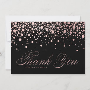Chic Rose Gold Foil Confetti Drops Black Wedding Thank You Card