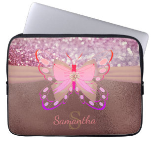 Chic Rose Gold Foil Faux Glittery Name Monogram  Laptop Sleeve
