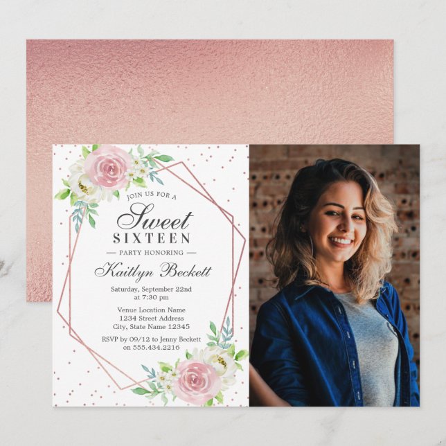 Chic Rose Gold Foil Floral Photo Sweet 16 Birthday Invitation (Front/Back)