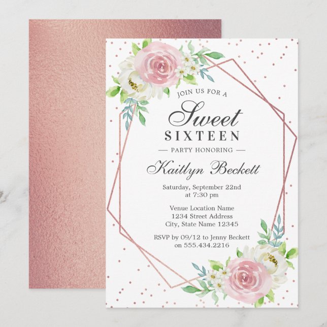 Chic Rose Gold Foil Floral Sweet 16 Birthday Invitation (Front/Back)