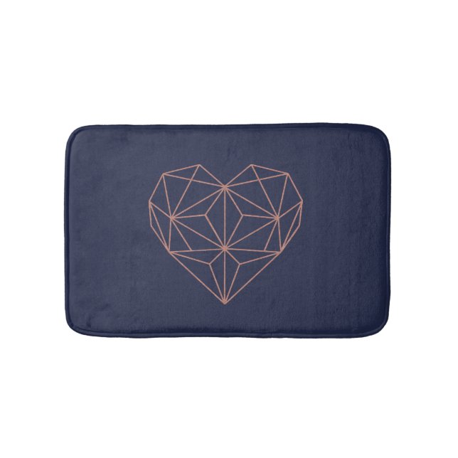 Chic Rose Gold Foil Geometric Heart on Navy Blue Bath Mat (Front)