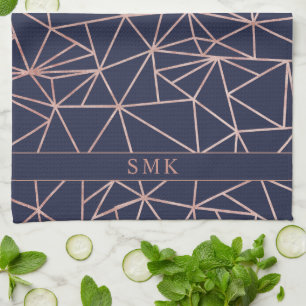 Chic Rose Gold Foil Geometric Polygon Navy Blue Tea Towel