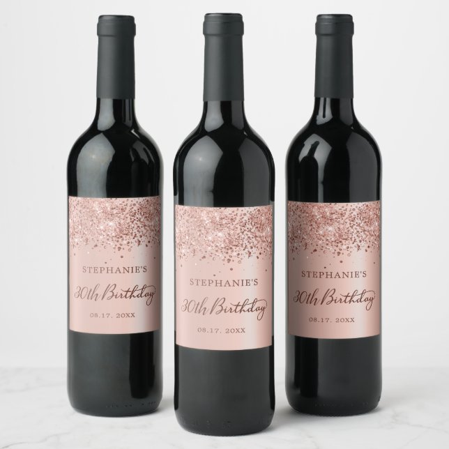 Chic Rose Gold Foil Glitter 30th Birthday Monogram Wine Label (Bottles)