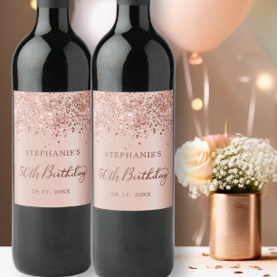 Chic Rose Gold Foil Glitter 50th Birthday Monogram Wine Label