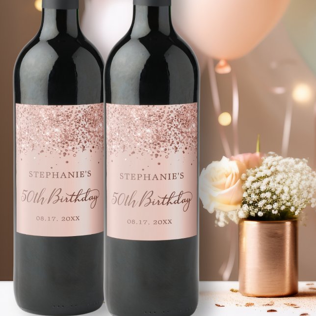 Chic Rose Gold Foil Glitter 50th Birthday Monogram Wine Label (Creator Uploaded)