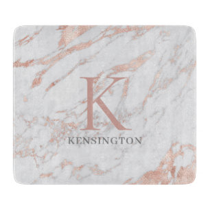Chic Rose Gold Foil Marble Monogram Cutting Board