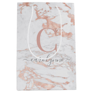 Chic Rose Gold Foil Marble Monogram Medium Gift Bag