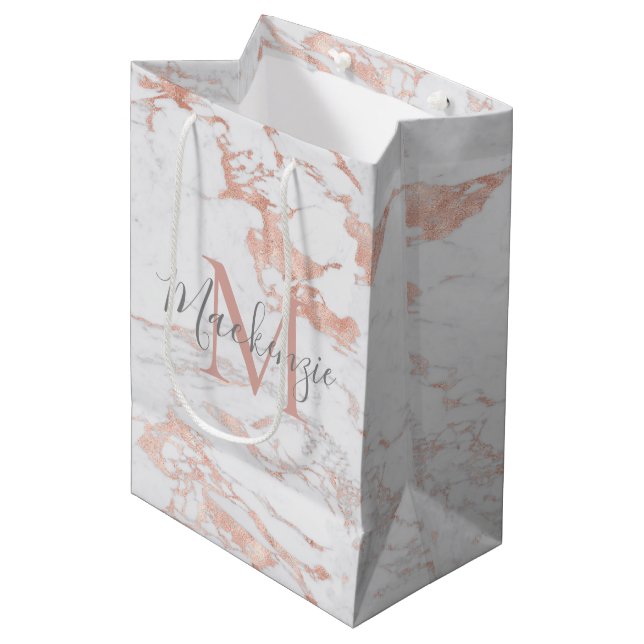 Chic Rose Gold Foil Marble Monogram Medium Gift Bag (Front Angled)
