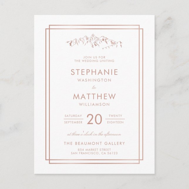 Chic Rose Gold Foil Mountain Wedding Invitation Postcard (Front)