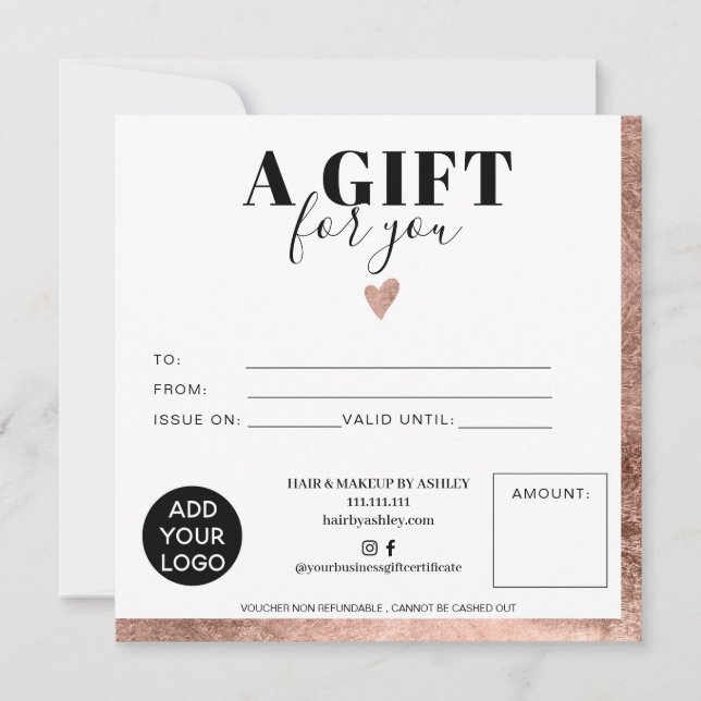 Chic Rose gold foil square gift certificate logo (Front)