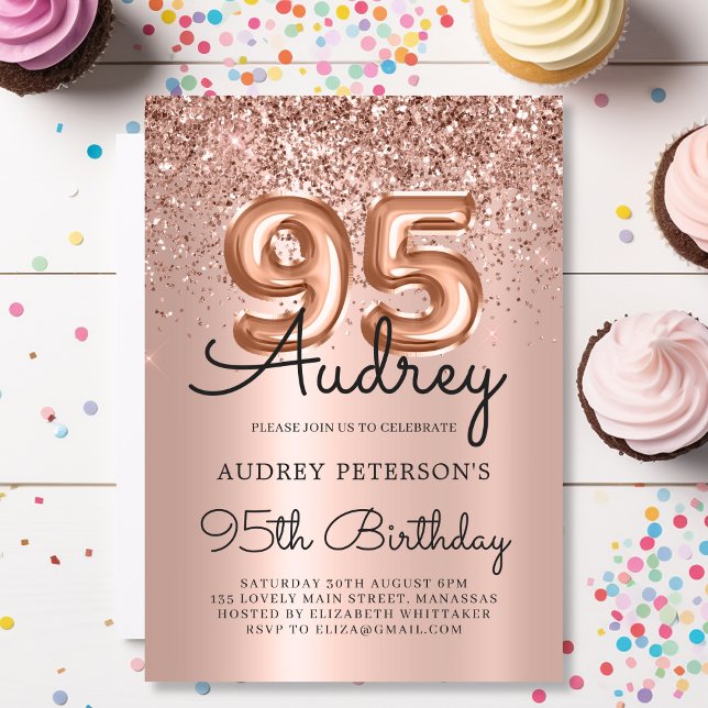 Chic Rose Gold Glitter Balloon 95th Birthday  Invitation (Creator Uploaded)