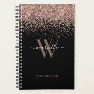 Chic Rose Gold Glitter Black Monogram 2024 Planner
