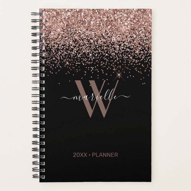 Chic Rose Gold Glitter Black Monogram 2024 Planner (Front)