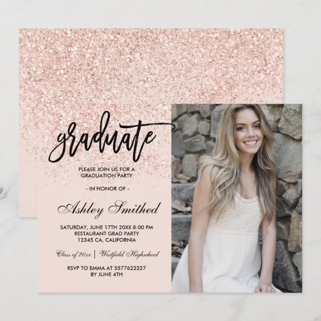 Chic rose gold glitter blush graduate typography invitation (Front/Back)