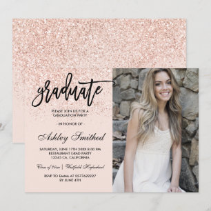 Chic rose gold glitter blush graduate typography invitation