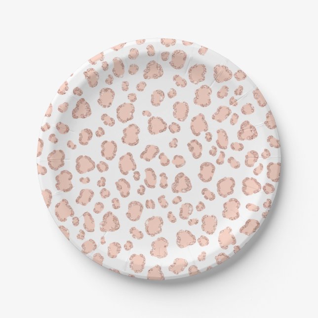 Chic rose gold glitter blush pink leopard pattern paper plate (Front)