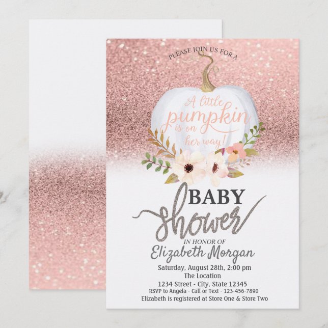 Chic Rose Gold Glitter Bokeh, Pumpkin Baby Shower Invitation (Front/Back)
