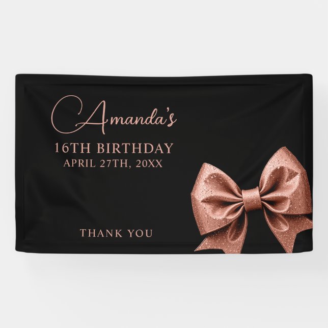Chic Rose Gold Glitter Bow Sweet 16 Birthday Banner (Horizontal)