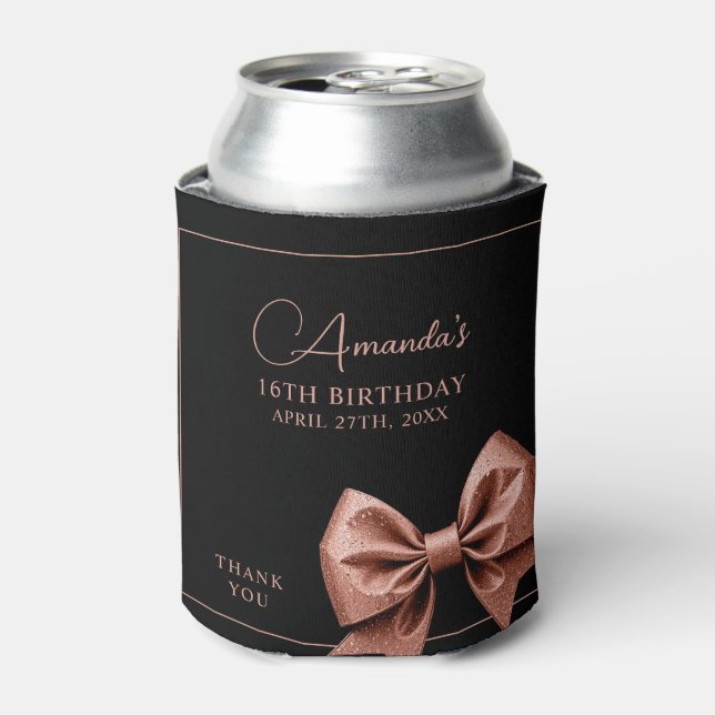 Chic Rose Gold Glitter Bow Sweet 16 Birthday Can Cooler (Can Front)
