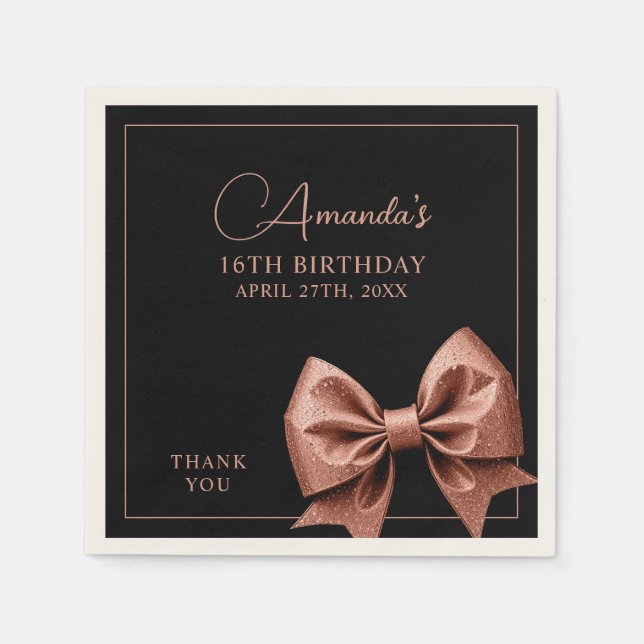Chic Rose Gold Glitter Bow Sweet 16 Birthday Napkin (Front)