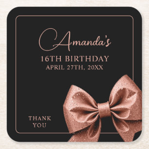 Chic Rose Gold Glitter Bow Sweet 16 Birthday Square Paper Coaster