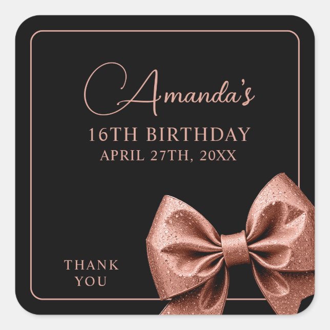 Chic Rose Gold Glitter Bow Sweet 16 Birthday Square Sticker (Front)