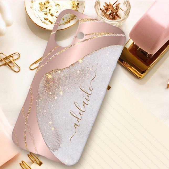 Chic Rose Gold Glitter Brushed Metal Monogram Name Case-Mate iPhone Case (Creator Uploaded)