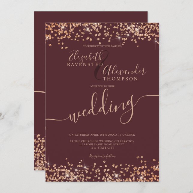Chic rose gold glitter confetti burgundy wedding invitation (Front/Back)