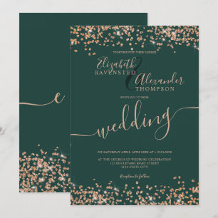 Chic rose gold glitter confetti green wedding invitation