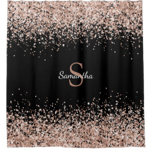 Chic Rose Gold Glitter Confetti Monogram Black Shower Curtain