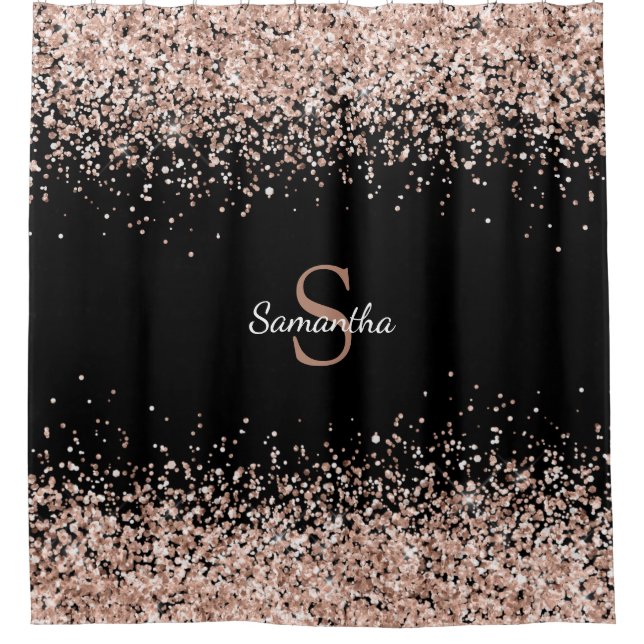 Chic Rose Gold Glitter Confetti Monogram Black Shower Curtain (Front)