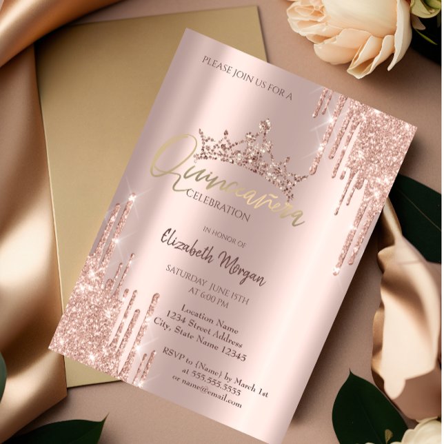 Chic Rose Gold Glitter Crown Drop Quinceañera  Invitation (Creator Uploaded)