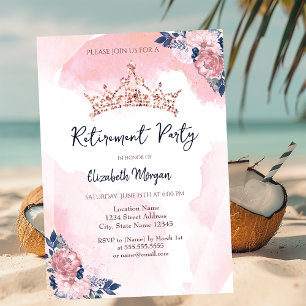 Chic Rose Gold Glitter Crown Flowers Retirement Invitation