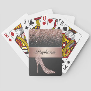 Chic Rose Gold Glitter Diamond High Heel Shoe Name Playing Cards