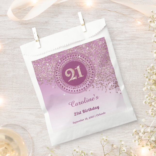 Chic Rose Gold Glitter, Dotted Frame 21st Birthday Favour Bags (Clipped)