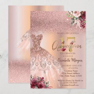 Chic Rose Gold Glitter Dress Floral Quinceañera Invitation