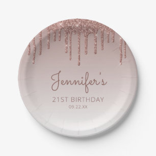 Chic Rose Gold Glitter Drip 21st Birthday Party Paper Plate
