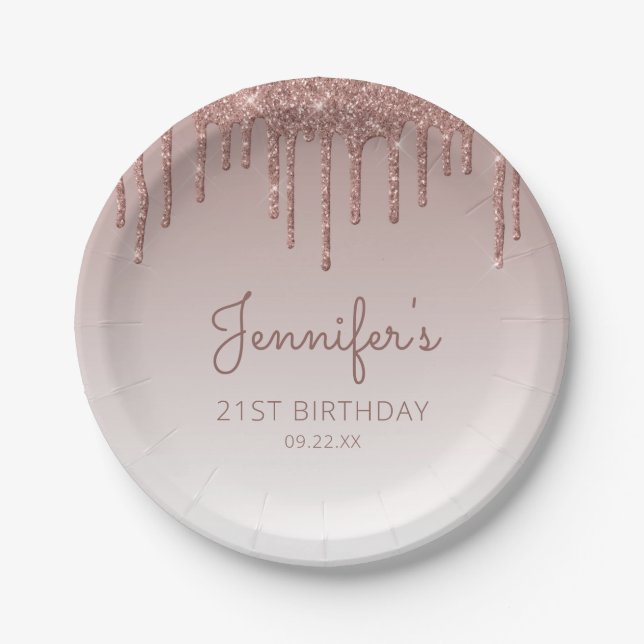 Chic Rose Gold Glitter Drip 21st Birthday Party Paper Plate (Front)
