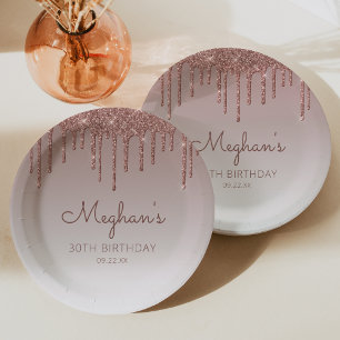 Chic Rose Gold Glitter Drip 30th Birthday Party Paper Plate