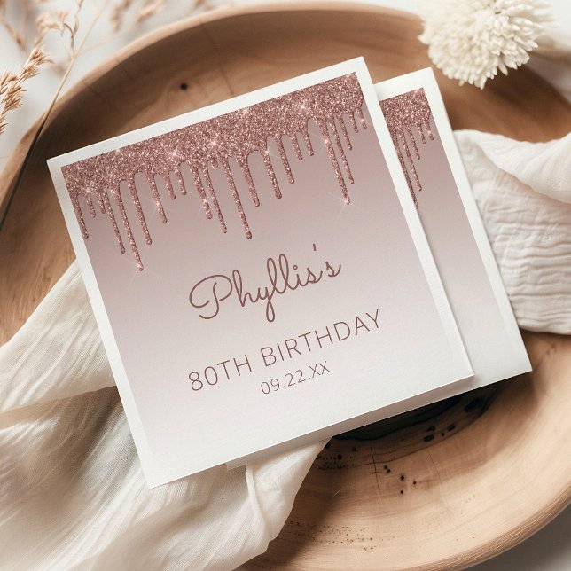Chic Rose Gold Glitter Drip 80th Birthday Party Napkin (Creator Uploaded)