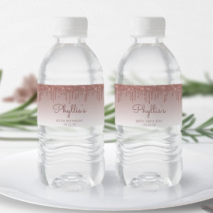 Chic Rose Gold Glitter Drip 80th Birthday Party Water Bottle Label